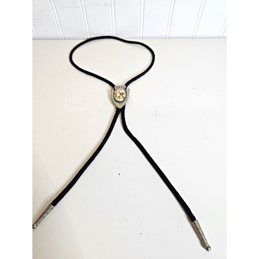 Men's Western Adjustable Bolo Tie Black Cord Silver-Tone Oval White Stone